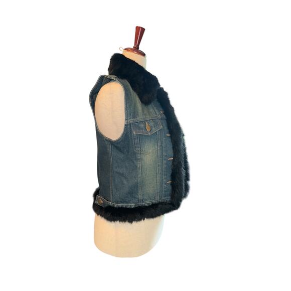 Cejon Denim Vest with Black Rabbit Trim – Y2K Vintage Style Size Large - Picture 2 of 9